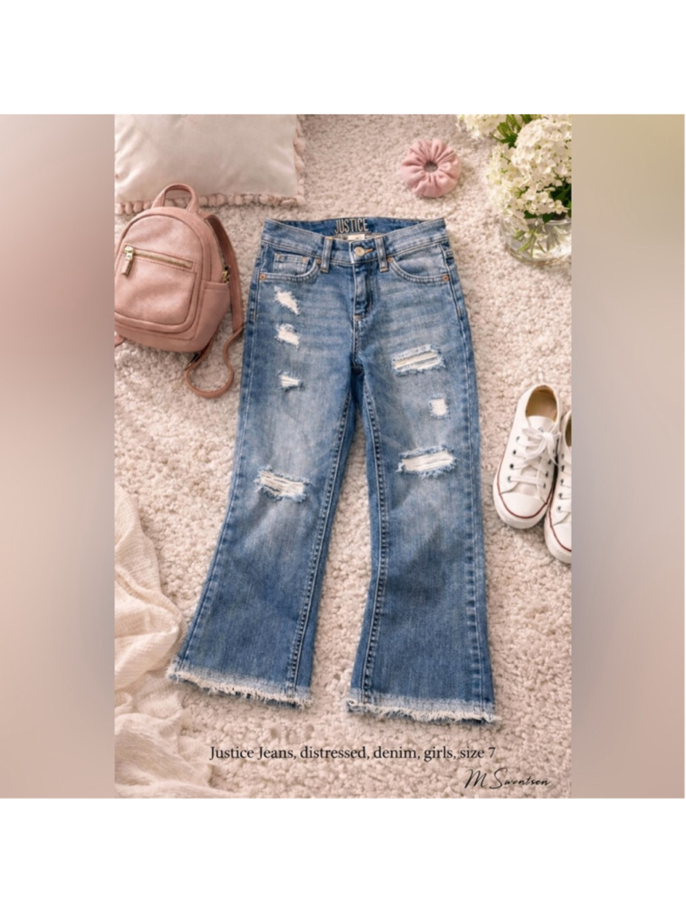 Justice Girls Jeans Size 7 High Rise Straight Leg Blue Distressed Frayed Hem